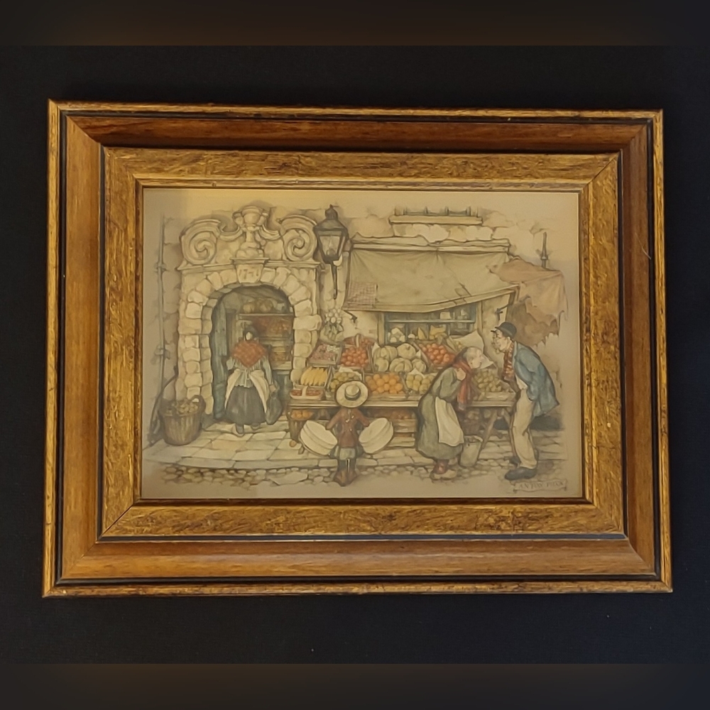 Vintage 1966 3-D Anton Pieck Shadow Box Paper Cut Artwork "Village Market"